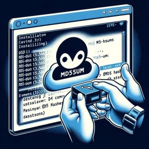 Visual depiction of a Linux terminal with the process of installing the md5sum command for computing MD5 hashes
