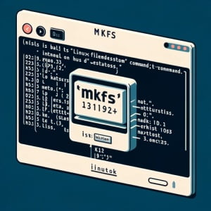 Visual depiction of a Linux terminal with the process of installing the mkfs command used for building filesystems