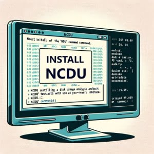 Visual depiction of a Linux terminal with the process of installing the ncdu command used for disk usage analysis