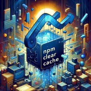 Artistic digital illustration of npm clear cache focusing on clearing npm cache for issue resolution or space