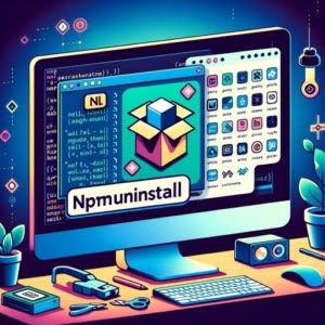 Computer graphic showcasing npm uninstall focusing on removing a package from a Nodejs application