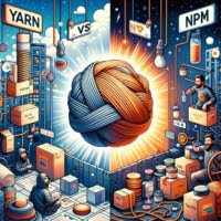 Digital artwork comparing yarn vs npm highlighting differences and use cases
