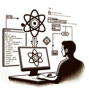 An illustration showing a computer screen with symbolic representation of creating a React application