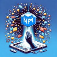 Graphic of a hand reaching out from a computer screen towards a data packet symbolizing the request npm library
