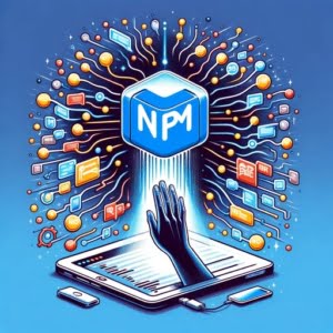 Graphic of a hand reaching out from a computer screen towards a data packet symbolizing the request npm library