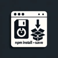 Graphic of a save icon and package box symbolizing the npm install save command for dependency management