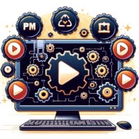 Graphic of gears and play buttons on a computer screen for npm-run-all command execution