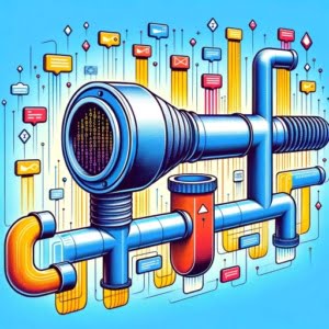 Illustration of a digital pipeline with data flow and a filter representing npm morgan