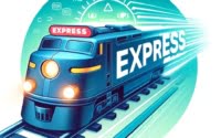 Illustration of a fast-moving train on digital tracks representing the npm express command for Expressjs