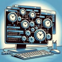 Illustration showing multiple clocks and gears on a computer interface for the npm concurrently command