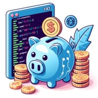Image of a piggy bank with coins and code symbolizing the npm fund command for supporting packages