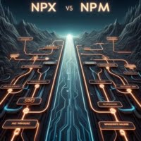 Visual comparison of digital pathways labeled npx and npm to depict their differences in package management