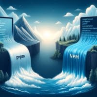 Visual comparison of digital rivers labeled pnpm and npm depicting their efficiency differences
