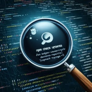 Visual of a magnifying glass scanning over computer code for the npm check updates command
