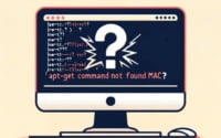 Broken command line on a Mac screen with a question mark representing the apt-get command not found mac error