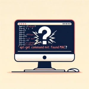 Broken command line on a Mac screen with a question mark representing the apt-get command not found mac error