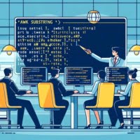 Digital analytics workstation with technicians focusing on highlighted text segments on screens, illustrating the awk substring command