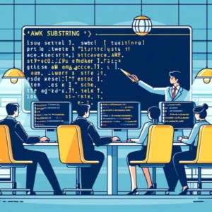 Digital analytics workstation with technicians focusing on highlighted text segments on screens illustrating the awk substring command