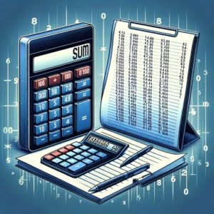 Digital calculator and spreadsheet summing rows of numbers symbolizing awk sum