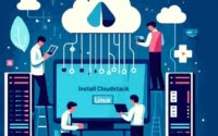 Digital command center installing CloudStack on Linux depicted with cloud network and virtual machine icons