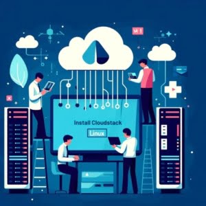 Digital command center installing CloudStack on Linux depicted with cloud network and virtual machine icons