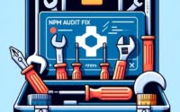 Digital toolbox with tools tightening code depicting npm audit fix for security enhancements
