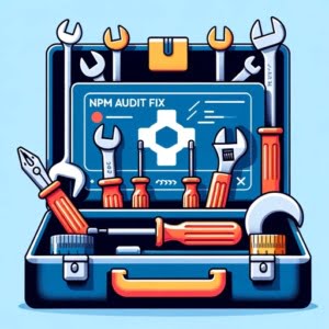 Digital toolbox with tools tightening code depicting npm audit fix for security enhancements