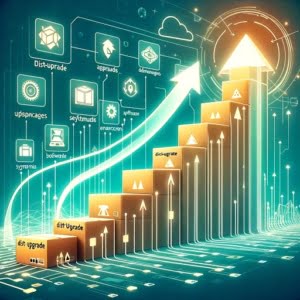 Digital upgrade path with ascending software packages illustrating the apt-get dist-upgrade command