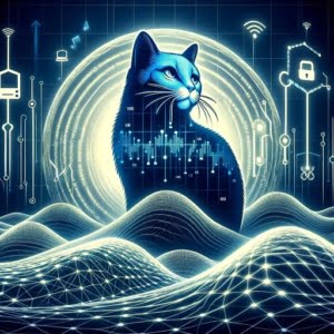 Digital waves and network connections with a cat figure symbolizing the ncat command linux