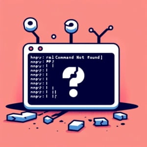 Graphic of a broken command line interface with a question mark representing the npm command not found error