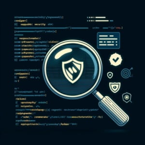 Graphic of a digital magnifying glass scanning over code symbolizing the npm audit command for security checks