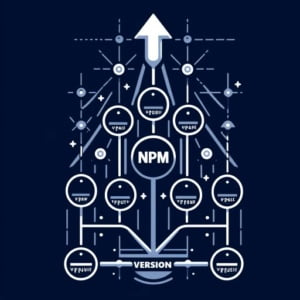 Graphic of a version upgrade chart with nodes and paths symbolizing the npm version command for managing updates