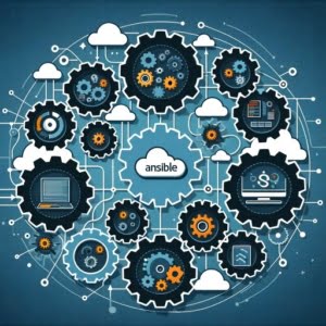 Graphic of automation tools and gears integrating into a network representing what is ansible