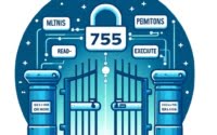 Secure digital gateway with a 755 gate depicting chmod 755 for owner full and others read-execute permissions