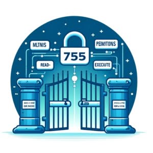 Secure digital gateway with a 755 gate depicting chmod 755 for owner full and others read-execute permissions