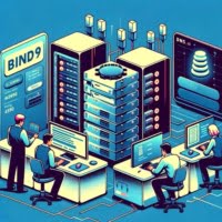 Technicians configuring DNS server with Bind 9 on Linux highlighted by network configurations