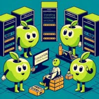 Technicians in a datacenter installing couchdb linux for managing database operations