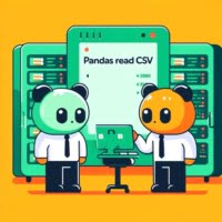 Graphic of technicians configuring pandas read CSV in a Linux setup at a vibrant datacenter