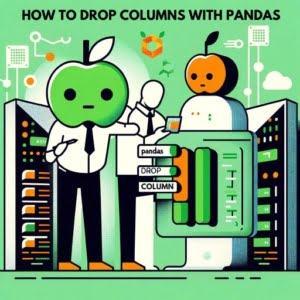 Graphic of technicians manipulating pandas drop column functions in a vibrant Linux datacenter