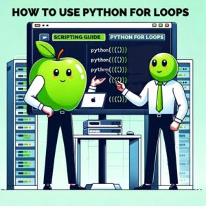 Graphic of technicians scripting with python for loop in a datacener to implement efficient coding practices