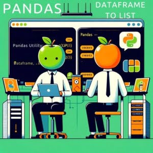 Illustration of technicians using Pandas to convert dataframes to lists in a lively tech workspace