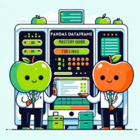 Illustration of technicians using a terminal to manage a pandas dataframe in a tech-oriented datacenter