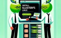 Scene with technicians configuring glusterfs on Linux for scalable storage solutions