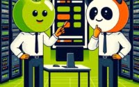 Scene with technicians configuring pandas drop duplicates in a vibrant data center to enhance data management