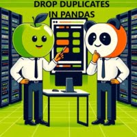 Scene with technicians configuring pandas drop duplicates in a vibrant data center to enhance data management