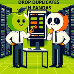 Scene with technicians configuring pandas drop duplicates in a vibrant data center to enhance data management